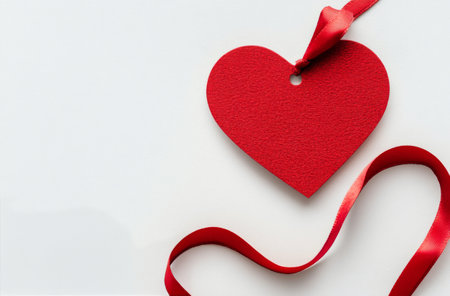 A bright red heart-shaped tag rests on a white surface, featuring a hanging ribbon that elegantly winds around it. This simple yet striking design is perfect for romantic celebrations.の素材
