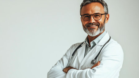 A doctor with blond hair and glasses stands confidently with arms crossed. He wears a white coat and smiles warmly, conveying a sense of reassurance and professionalism.の素材