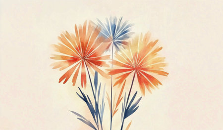 This artwork features vibrant dandelion flowers in shades of red and blue, with delicate lines representing their stems, set against a soft, airy backdrop that evokes a sense of lightness and peace.の素材
