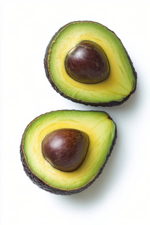 Two ripe avocados with one halved to show the creamy flesh and large seed inside. The skin is dark green and the flesh is a vibrant yellow-green.の素材