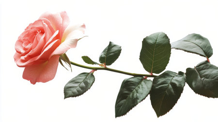 A delicate pink rose blooms gracefully on its stem, showing lush green leaves. The bright white background enhances the flowers beauty, emphasizing its elegance and freshness.の素材