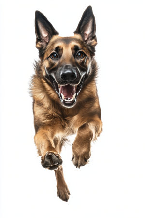 A lively Belgian Malinois is captured mid-stride, running joyfully with a big smile. The dogs fur shines brightly in a well-lit area, showing its playful nature and energy.の素材