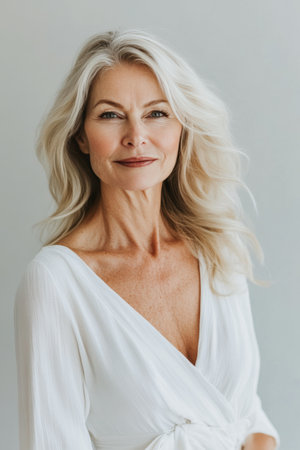 An elegant elderly woman with silver hair poses confidently in a lace dress, showing her timeless beauty against a soft, neutral background, capturing gracefulness and poise.の素材