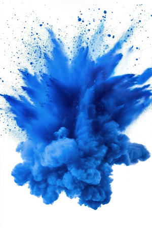 A vivid blue powder bursts out, creating an explosive cloud effect against a clean white backdrop, showing casing artful chaos and energy. The vibrant tones strikingly with the background.の素材