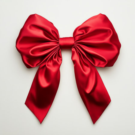 A vibrant, large red satin bow sits against a white background, showing its elegant loops and tails. Ideal for adding a festive touch to gifts or decorations.の素材