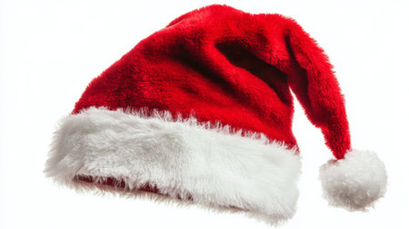 A bright red Santa hat adorned with white fur trim and a fluffy pom-pom sits against a smooth white backdrop. This festive accessory symbolizes the joy of Christmas celebrations and traditions.の素材