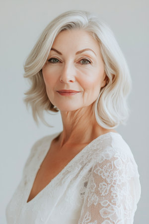 An elegant elderly woman with silver hair poses confidently in a lace dress, showing her timeless beauty against a soft, neutral background, capturing gracefulness and poise.の素材