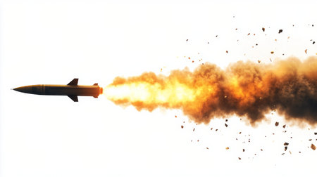 A missile is seen taking off, with vibrant flames and thick smoke trailing behind it. The clear background emphasizes the intensity of the launch and the missiles rapid ascent.の素材
