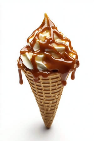 A tempting vanilla ice cream cone features a generous drizzle of caramel sauce, creating an enticing dessert. The treat stands against a clean white background, emphasizing its deliciousness.の素材