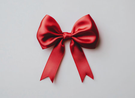 A vibrant red ribbon bow is positioned neatly on a white background, perfect for adding a decorative touch to a gift. The bow features smooth satin fabric and floppy tails.の素材