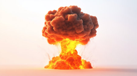 A large explosion occurs, producing bright orange and yellow flames, along with thick clouds of gray smoke rising into the air, creating a dramatic visual effect in a stark white setting.の素材