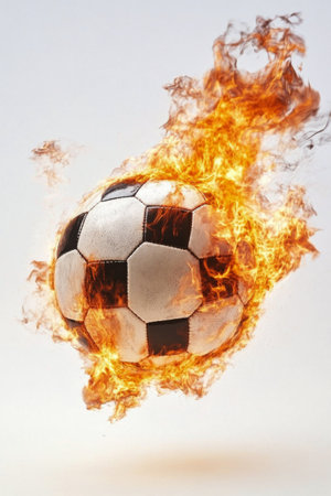 The soccer ball ignites with flames, symbolizing energy and passion in sports. This dynamic visual captures the excitement of a thrilling game, perfect for sports enthusiasts and fans.の素材