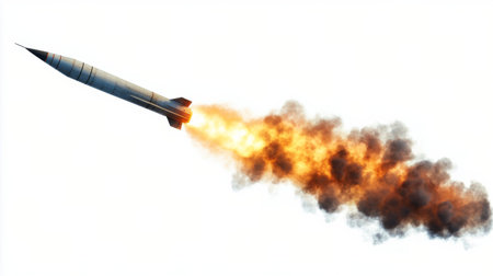 A missile is seen taking off, with vibrant flames and thick smoke trailing behind it. The clear background emphasizes the intensity of the launch and the missiles rapid ascent.の素材