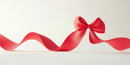 A vibrant red ribbon is beautifully tied into a bow, elegantly resting on a clean white surface, highlighting the smooth texture and rich color of the material.の素材