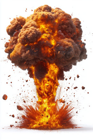 A powerful explosion erupts, sending a large fireball and dense smoke billowing into the sky. Debris and shockwaves radiate outward, creating a dramatic display in a desolate landscape.の素材