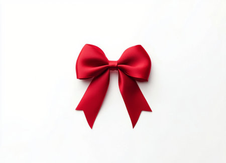 A vibrant red ribbon bow is positioned neatly on a white background, perfect for adding a decorative touch to a gift. The bow features smooth satin fabric and floppy tails.の素材