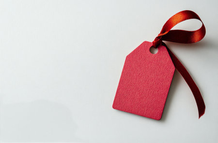 A heart-shaped wooden tag in vibrant red hangs from a ribbon against a clean white backdrop, perfect for gift-giving or decoration.の素材