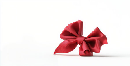 A vibrant red ribbon is beautifully tied into a bow, elegantly resting on a clean white surface, highlighting the smooth texture and rich color of the material.の素材