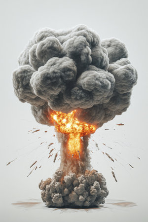 A powerful explosion erupts, sending a large fireball and dense smoke billowing into the sky. Debris and shockwaves radiate outward, creating a dramatic display in a desolate landscape.の素材