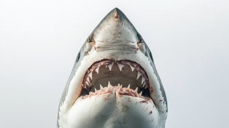 The great white shark displays its formidable teeth in a dramatic close-up, highlighting its powerful jaws. The neutral background emphasizes the sharks menacing appearance and sharp features.の素材
