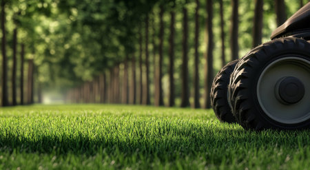 A lawn mower is positioned beside freshly cut grass along a path shaded by tall trees. The well-maintained area showcases the vibrant greenery under clear skies during the day.の素材