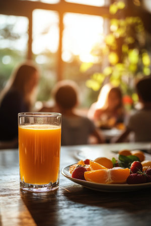 A refreshing glass of orange juice sits next to a plate of small fruits on a wooden table. In the background, a group of people enjoys each other's company during a cozy sunset gathering.の素材
