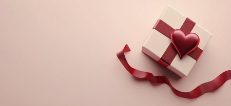 A beautifully wrapped white gift box adorned with a red heart-shaped bow and ribbon sits against a soft pink background, perfect for expressing love on special occasions like Valentine's Day.の素材