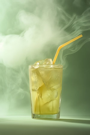 A glass filled with sparkling lemon soda showcases a slice of lemon and ice cubes, while wisps of mist create a cooling effect, making it an inviting drink choice.の素材