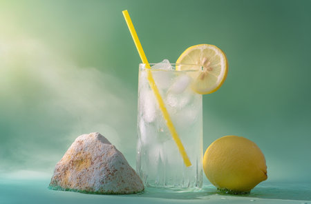 A bright lemon drink fills a clear glass with ice and a yellow straw. Slices of lemon accompany the drink alongside a smooth gray stone, creating a fresh and inviting look.の素材