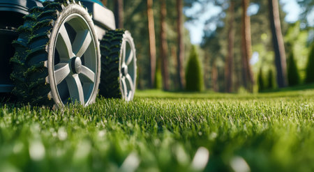 A lawn mower is positioned beside freshly cut grass along a path shaded by tall trees. The well-maintained area showcases the vibrant greenery under clear skies during the day.の素材