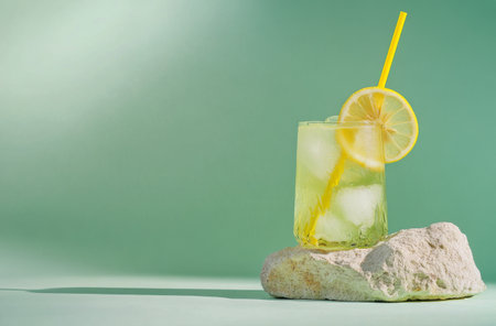A bright lemon drink fills a clear glass with ice and a yellow straw. Slices of lemon accompany the drink alongside a smooth gray stone, creating a fresh and inviting look.の素材