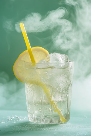 A glass filled with sparkling lemon soda showcases a slice of lemon and ice cubes, while wisps of mist create a cooling effect, making it an inviting drink choice.の素材