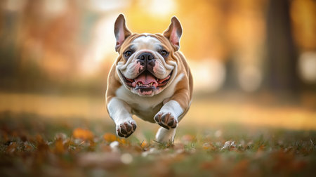 A cheerful bulldog sprints energetically across a grassy field surrounded by vibrant autumn foliage, with sunlight illuminating the playful atmosphere during late afternoon.の素材