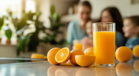 Three friends gather around the table, sharing a hearty breakfast that includes refreshing orange juice, fruit, and various dishes while enjoying each other's company in a cozy kitchen.の素材
