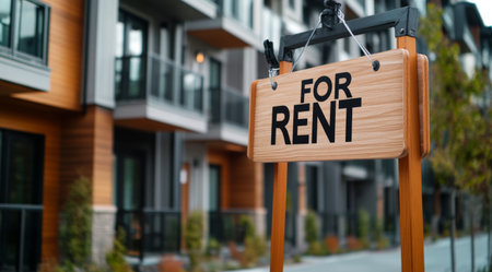 A large sign reading For Rent stands prominently outside a well-kept residential building, indicating available apartments. The surrounding area is landscaped with greenery.の素材
