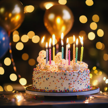 A delightful birthday cake sits on a decorative stand, adorned with colorful sprinkles and lit candles. In the background, golden balloons create a festive ambiance, enhancing the celebration.の素材