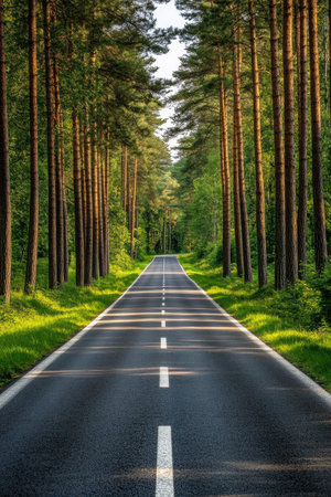 A tranquil road means through a vibrant forest, bordered by tall trees. The sunlight filters through the foliage, creating patterns on the asphalt surface, evoking a peaceful summer ambiance.の素材