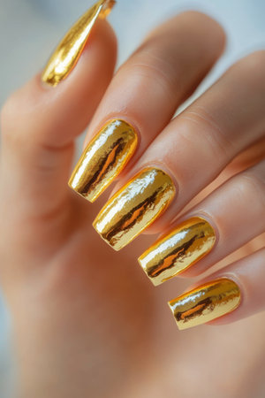 A woman's hand is elegantly extended, highlighting stunning gold metallic nails that glisten with a reflective finish. The long nails are perfectly manicured, exuding a luxurious vibe.の素材