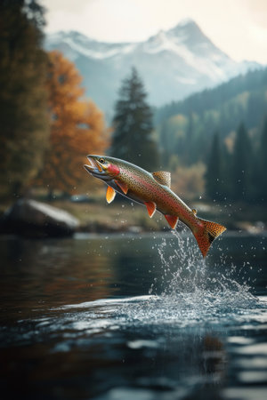 A vibrant rainbow trout leaps high from the surface of clear water, creating splashes as it breaks through. Majestic mountains provide a dramatic backdrop under a cloudy sky.の素材