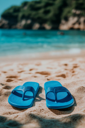 Blue flip-flops rest on warm sand near gentle waves. Lush palm leaves sway overhead, creating a tropical atmosphere on a bright, sunny day by the coast.の素材