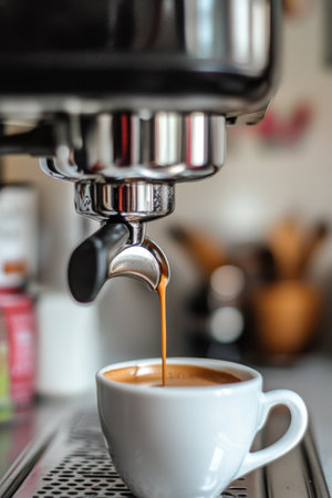 Rich espresso is being brewed and poured into a white cup in a warm cafe, illuminated by soft morning light. The atmosphere feels inviting and energizing, perfect for coffee lovers.の素材