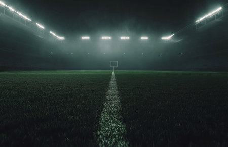 An empty soccer field is illuminated by bright floodlights under a hazy, foggy sky at night. The green grass is perfectly maintained, waiting for action.の素材