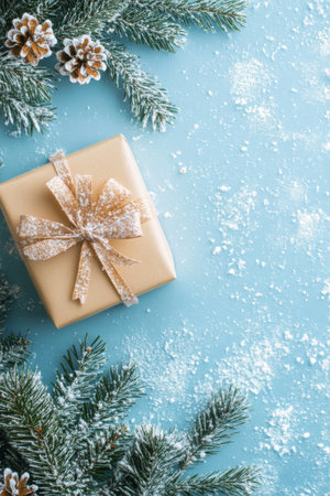 A wrapped gift sits in the center, adorned with a ribbon, nestled among frosty evergreen branches and pine cones. The blue background enhances the wintery feel.の素材