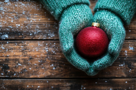 A pair of green knitted gloves gently hold a bright red Christmas ornament adorned with glitter. The ornament sits on a textured wooden surface, evoking a festive atmosphere.の素材