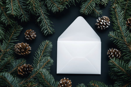 A blank white envelope rests amid lush evergreen branches on a dark background, creating a festive and seasonal atmosphere suited for holiday greetings and messages.の素材