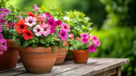 Brightly colored petunias are arranged in terracotta pots placed on a wooden table in a lush garden. The scene captures the vibrant essence of spring, with various hues complementing the greenery.の素材