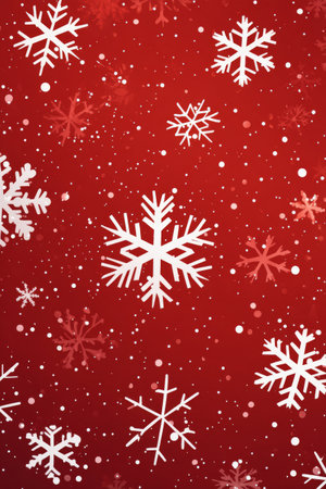 Delicate snowflakes scatter across a rich red backdrop, evoking a cozy winter vibe perfect for holiday decorations and celebrations, bringing warmth and cheer to any setting.の素材
