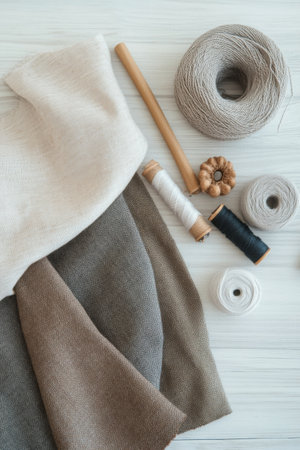 Various soft fabrics in neutral tones and threads are beautifully arranged on a wooden surface, creating an aesthetic that inspires creativity in textile design and craftwork.の素材