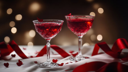 Two elegantly rimmed cocktail glasses filled with red drinks, adorned with heart-shaped decorations, create a romantic atmosphere suitable for a festive celebration.の素材