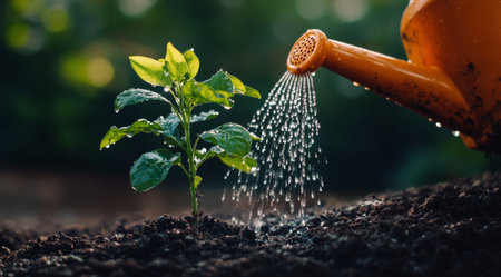A watering can is gently pouring water onto a small green plant emerging from rich soil, surrounded by a vibrant garden as sunlight filters through the leaves, highlighting its growth.の素材